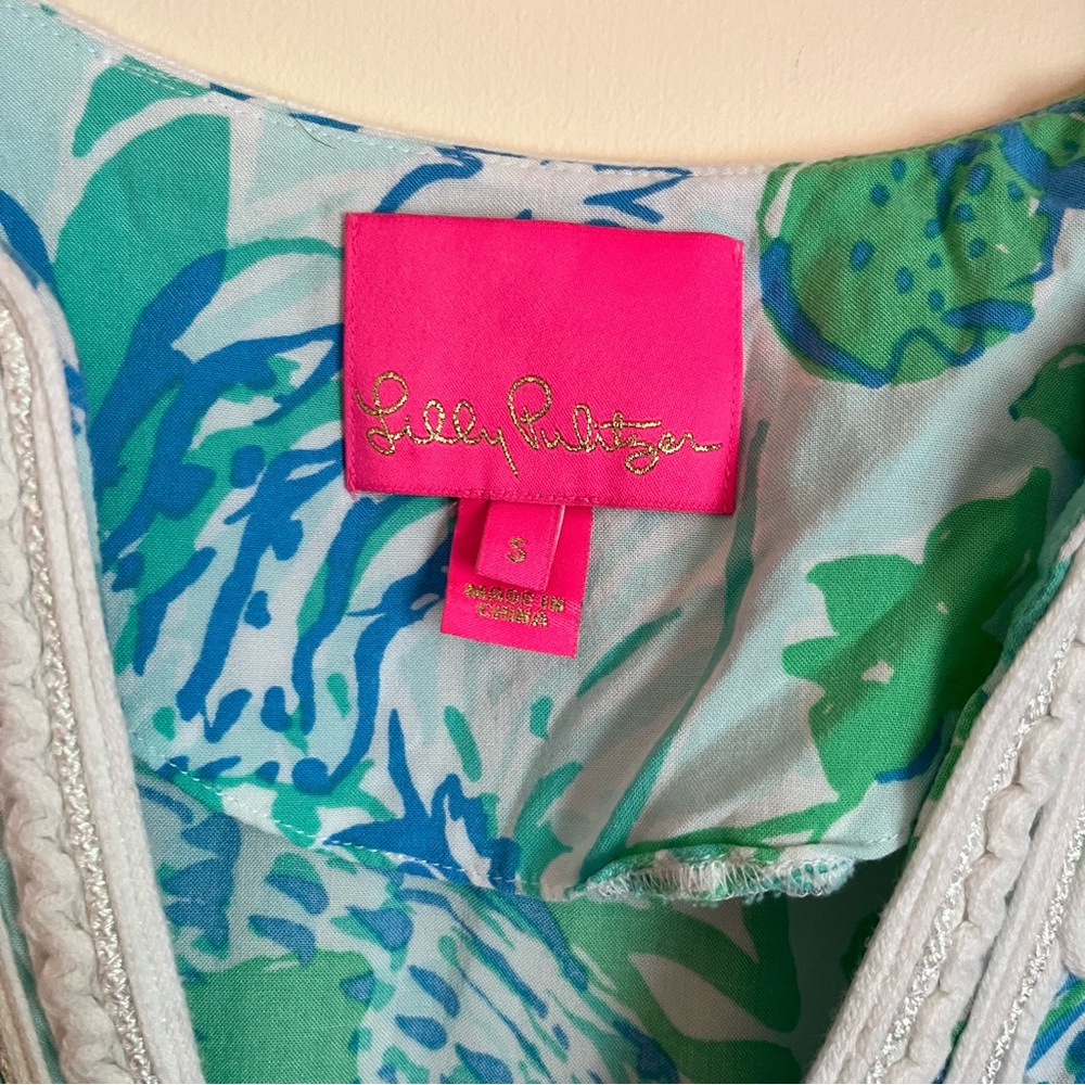 Lilly Pulitzer Madia Blue Green Tunic Shift Dress Small Crochet Neckline Resort - Picture 2 of 11